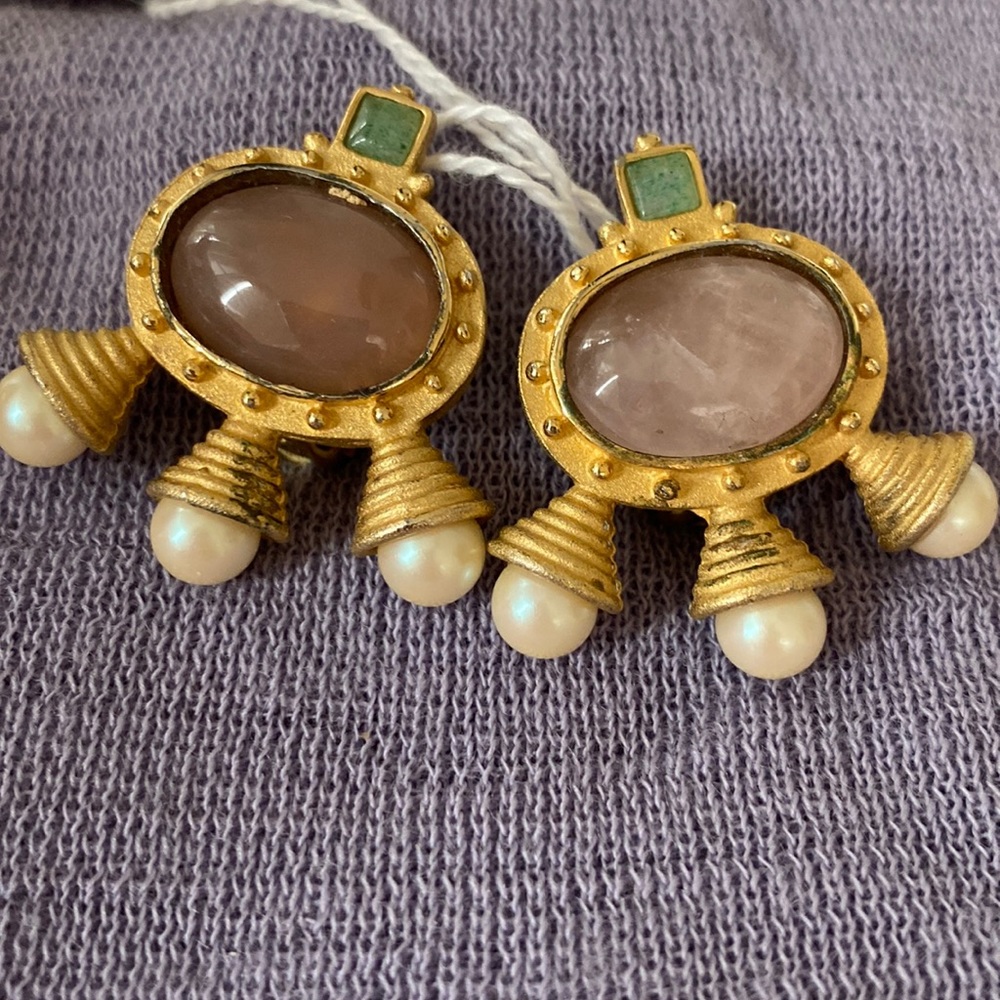 Earrings by Maresco vintage clips stone glass pearls circa 1980s gold signed